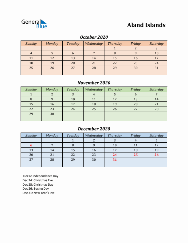 Q4 2020 Holiday Calendar - Aland Islands