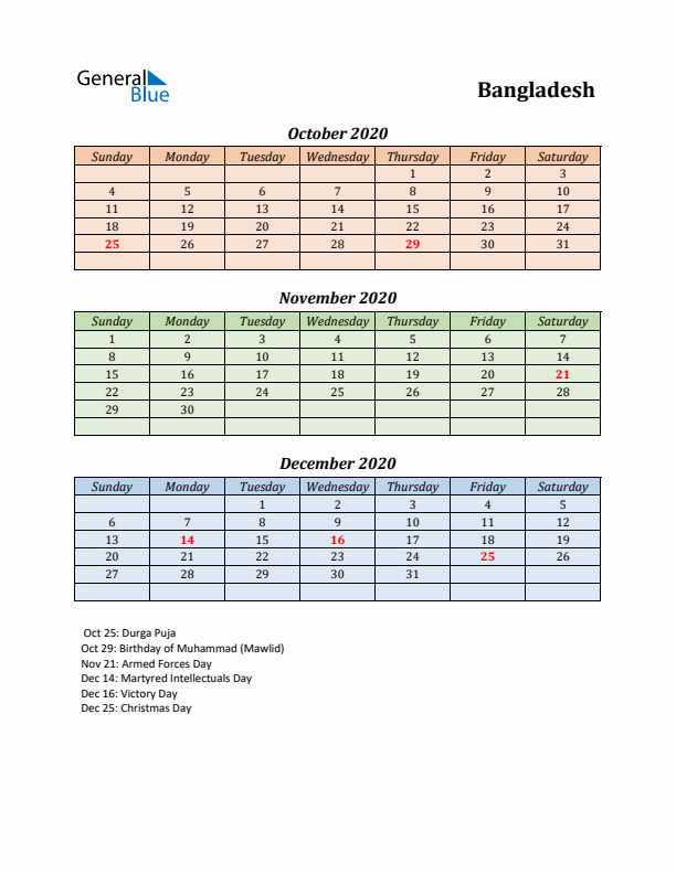 Q4 2020 Holiday Calendar - Bangladesh