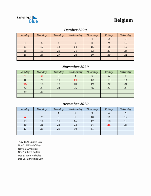 Q4 2020 Holiday Calendar - Belgium