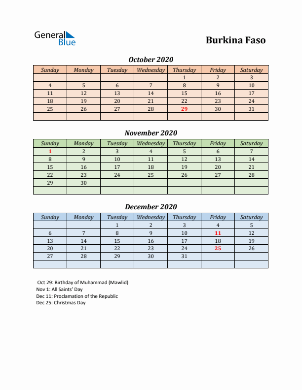 Q4 2020 Holiday Calendar - Burkina Faso