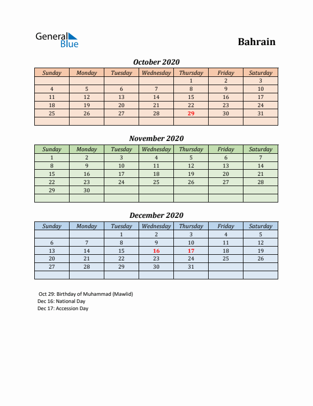 Q4 2020 Holiday Calendar - Bahrain