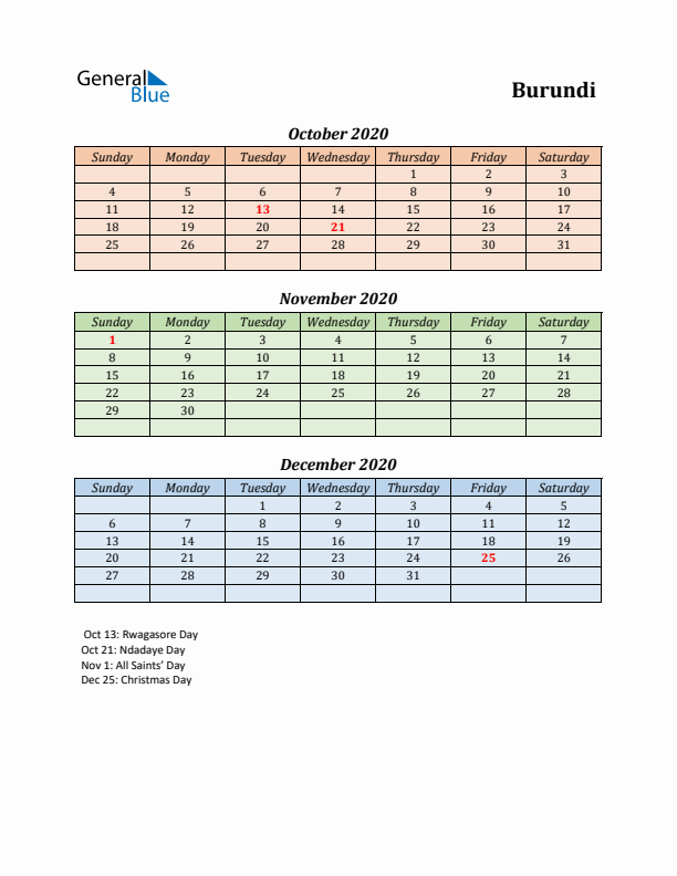 Q4 2020 Holiday Calendar - Burundi