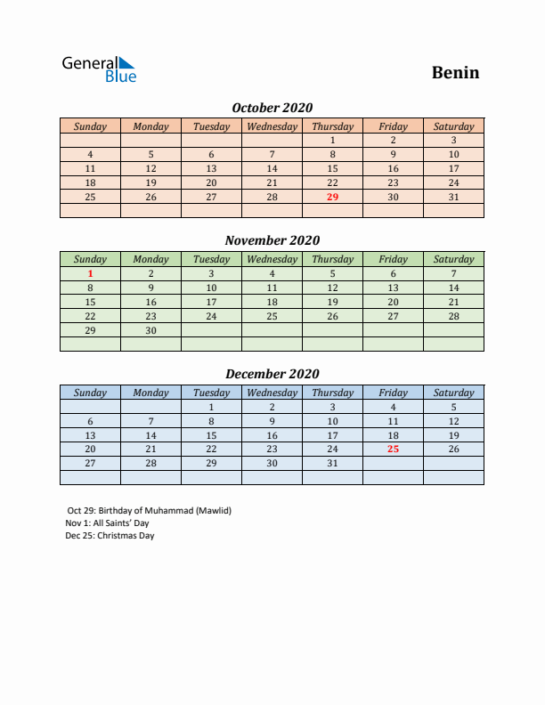 Q4 2020 Holiday Calendar - Benin