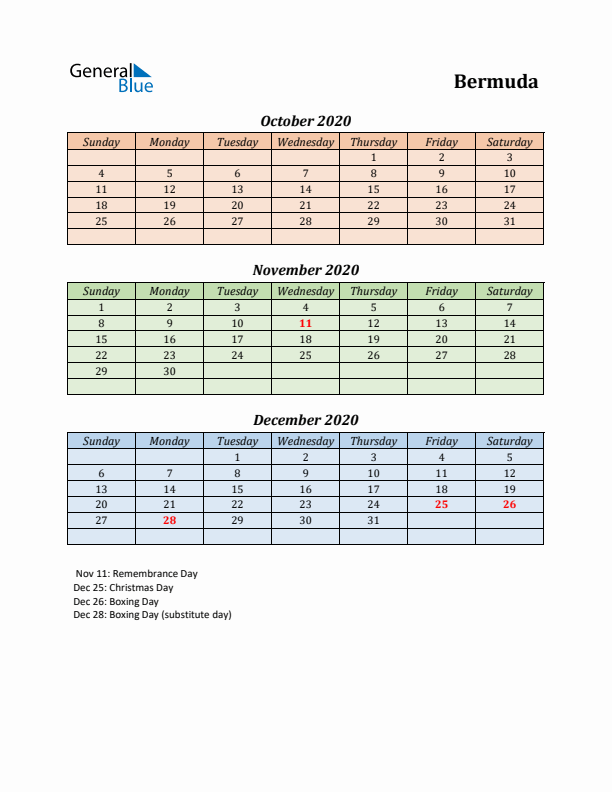 Q4 2020 Holiday Calendar - Bermuda