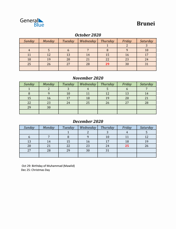 Q4 2020 Holiday Calendar - Brunei