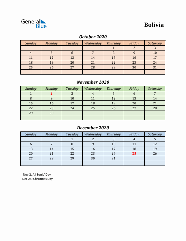 Q4 2020 Holiday Calendar - Bolivia