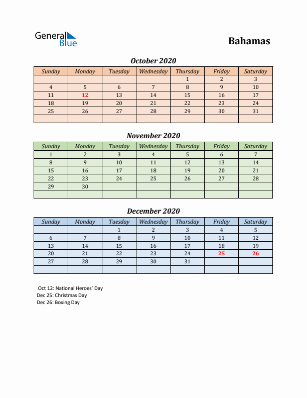 Q4 2020 Holiday Calendar - Bahamas