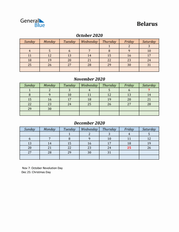 Q4 2020 Holiday Calendar - Belarus