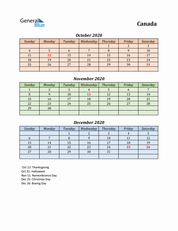 Q4 2020 Holiday Calendar - Canada