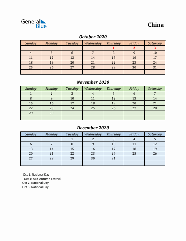 Q4 2020 Holiday Calendar - China