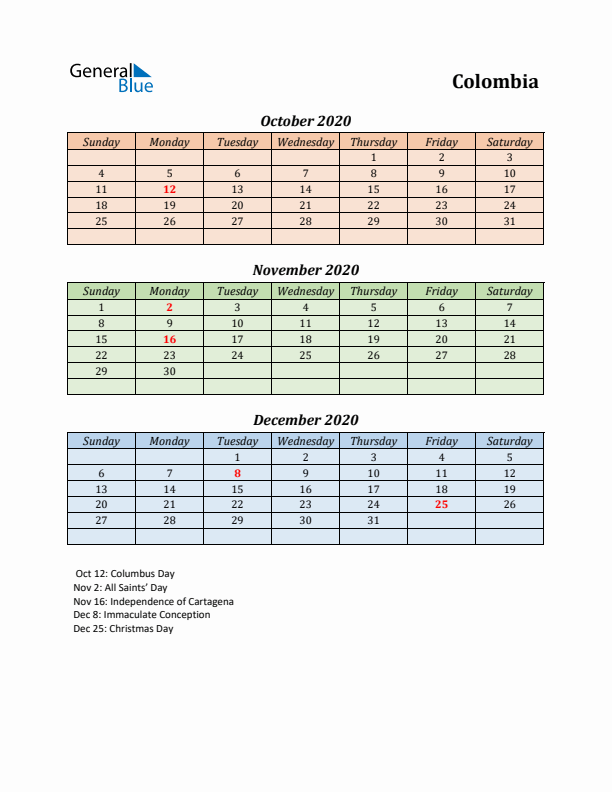 Q4 2020 Holiday Calendar - Colombia