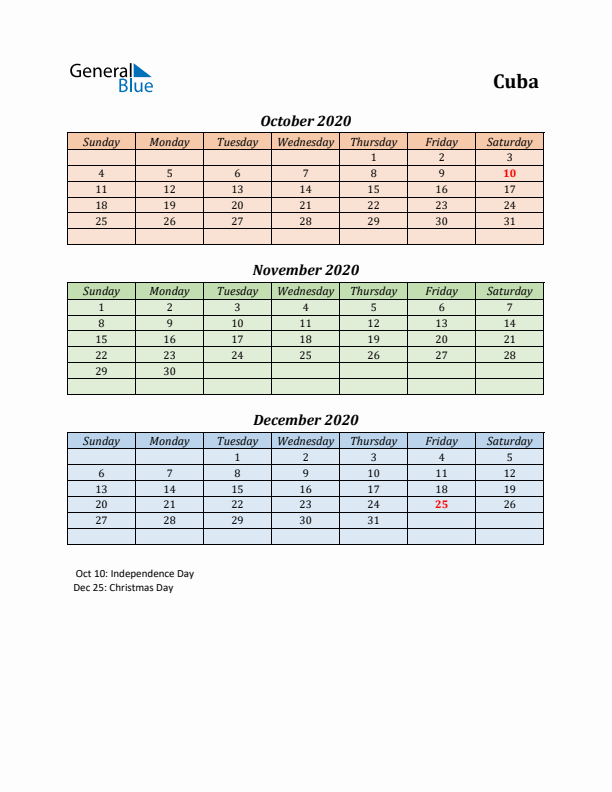 Q4 2020 Holiday Calendar - Cuba