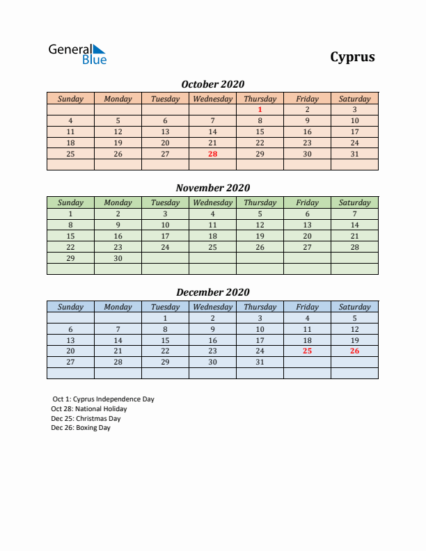 Q4 2020 Holiday Calendar - Cyprus