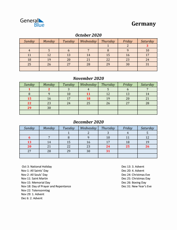 Q4 2020 Holiday Calendar - Germany