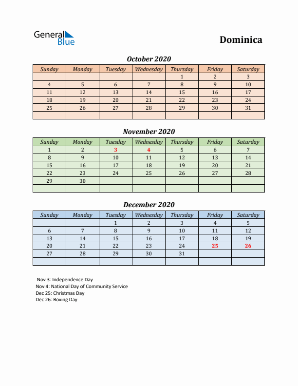 Q4 2020 Holiday Calendar - Dominica