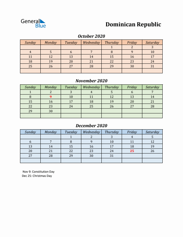 Q4 2020 Holiday Calendar - Dominican Republic