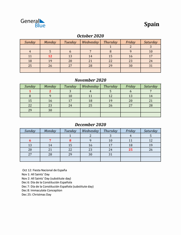 Q4 2020 Holiday Calendar - Spain