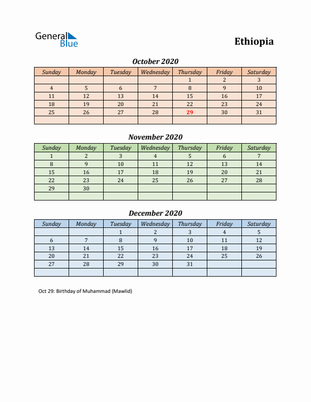 Q4 2020 Holiday Calendar - Ethiopia