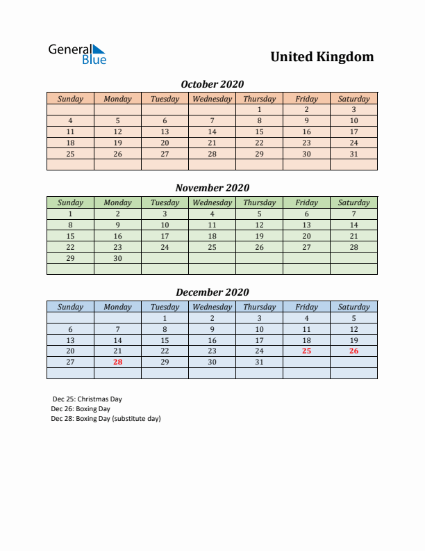 Q4 2020 Holiday Calendar - United Kingdom