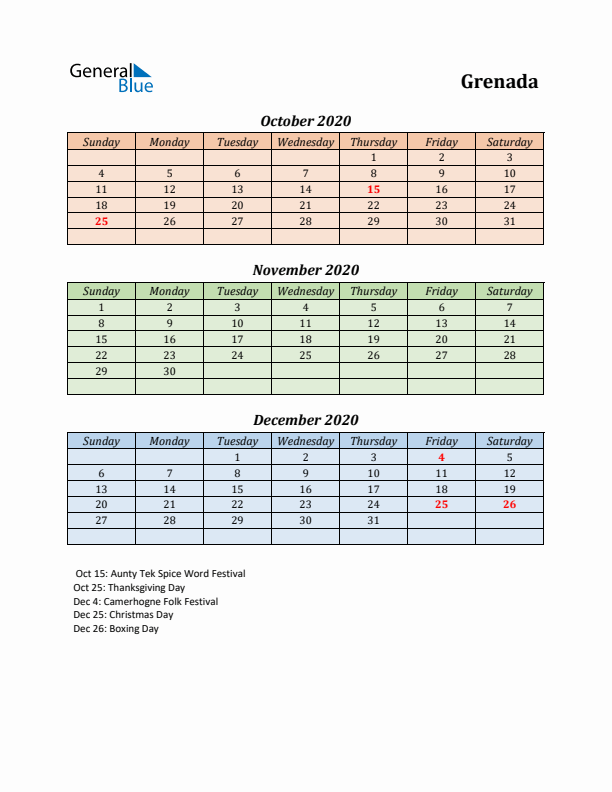 Q4 2020 Holiday Calendar - Grenada