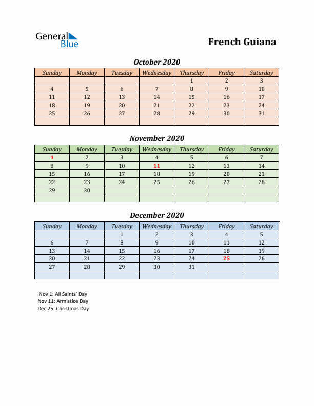 Q4 2020 Holiday Calendar - French Guiana