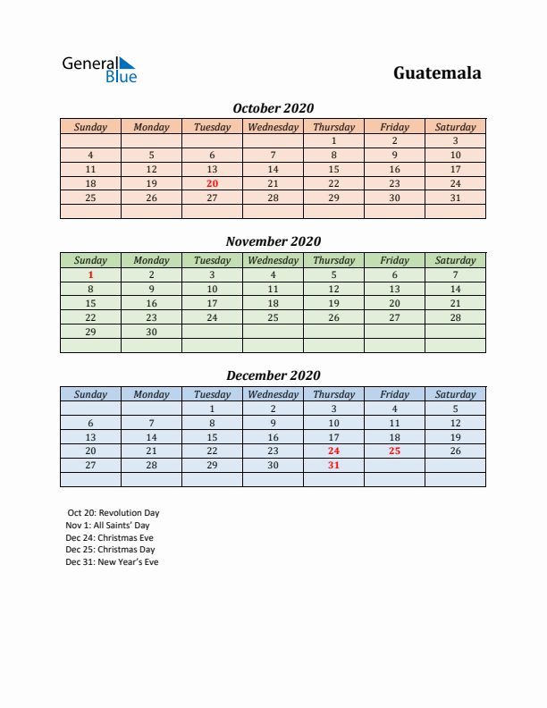 Q4 2020 Holiday Calendar - Guatemala