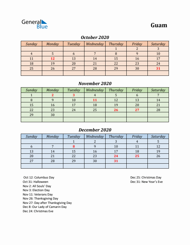 Q4 2020 Holiday Calendar - Guam