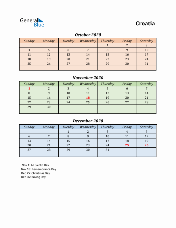 Q4 2020 Holiday Calendar - Croatia