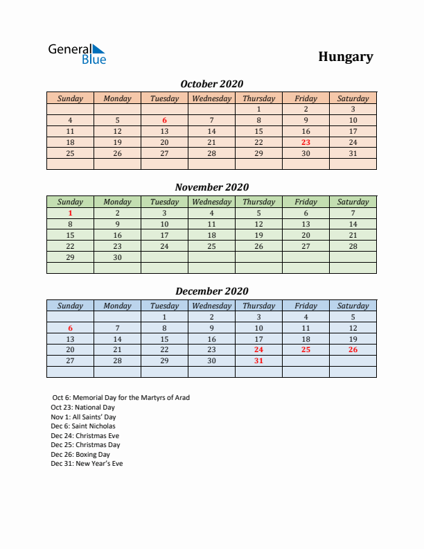 Q4 2020 Holiday Calendar - Hungary