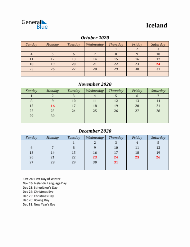 Q4 2020 Holiday Calendar - Iceland