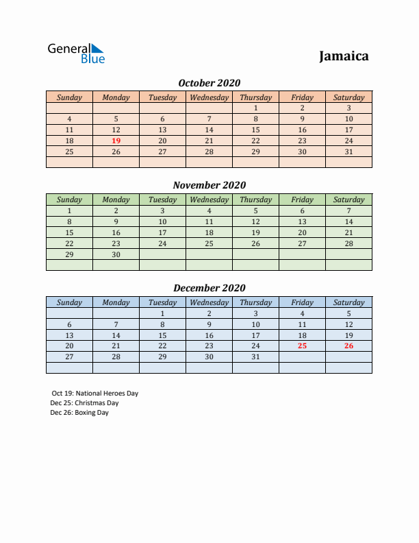 Q4 2020 Holiday Calendar - Jamaica