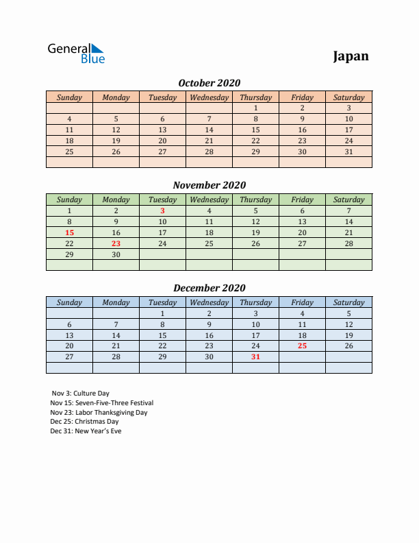 Q4 2020 Holiday Calendar - Japan