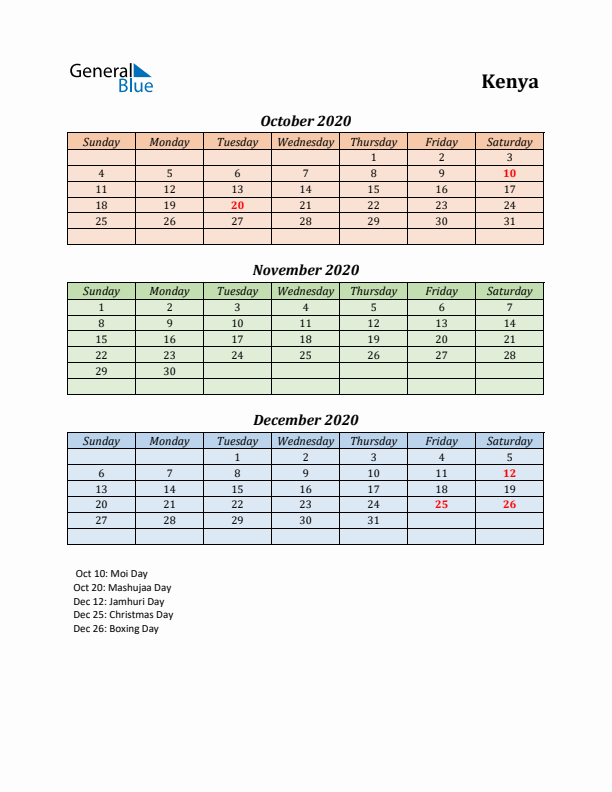 Q4 2020 Holiday Calendar - Kenya