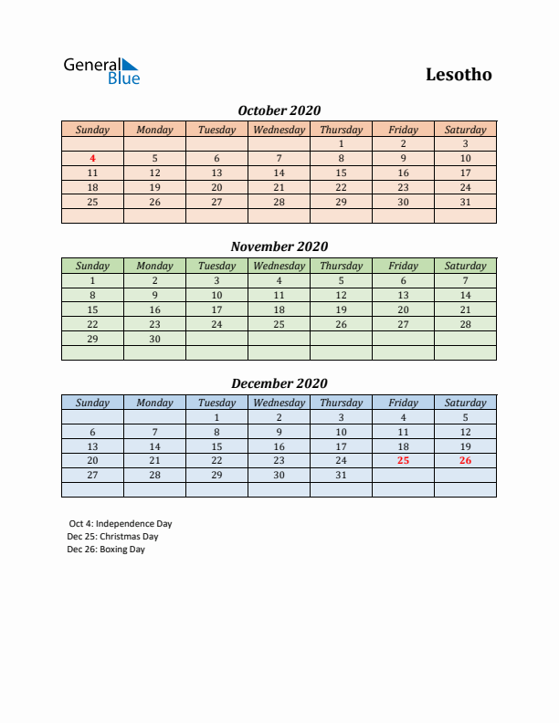 Q4 2020 Holiday Calendar - Lesotho