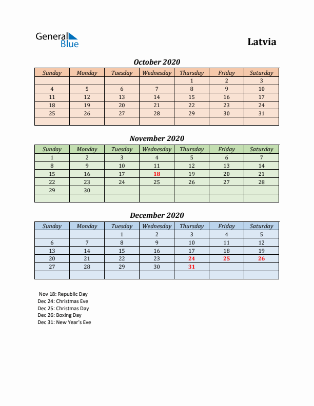 Q4 2020 Holiday Calendar - Latvia