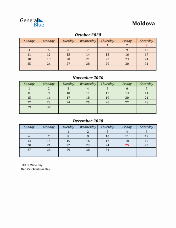 Q4 2020 Holiday Calendar - Moldova