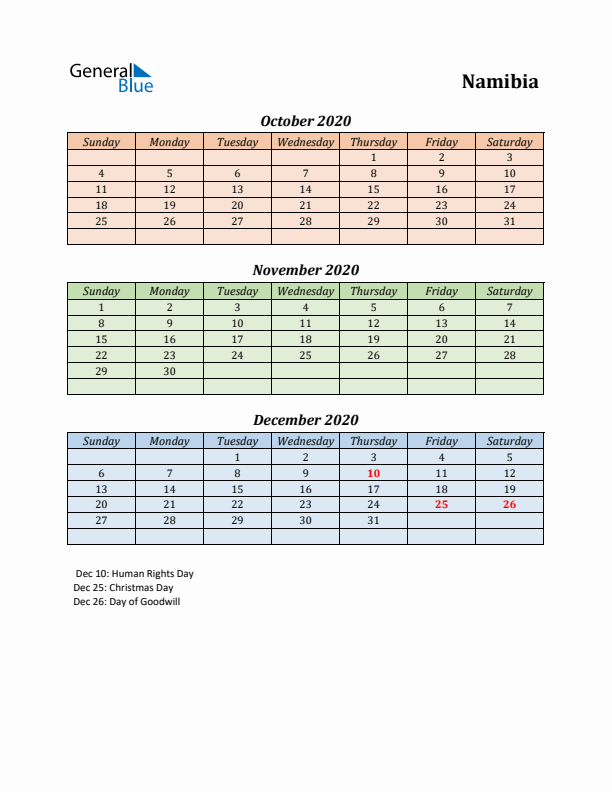 Q4 2020 Holiday Calendar - Namibia