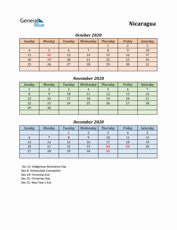 Q4 2020 Holiday Calendar - Nicaragua