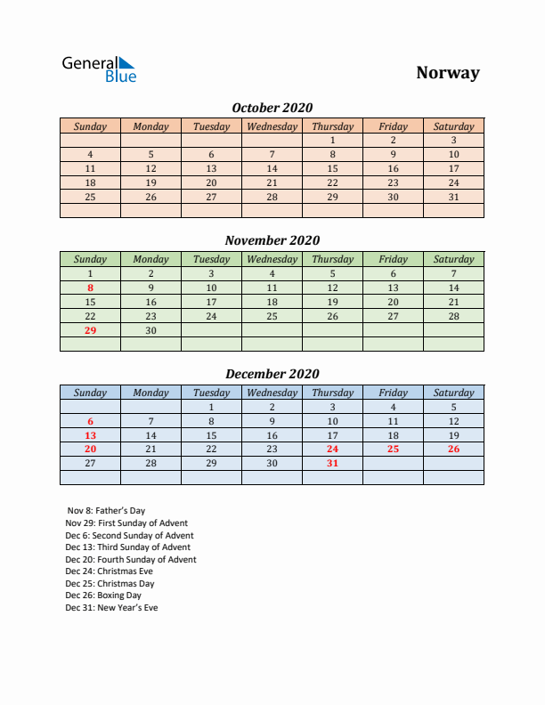 Q4 2020 Holiday Calendar - Norway