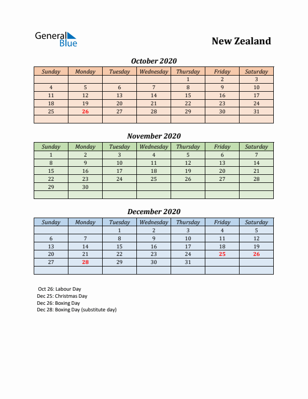 Q4 2020 Holiday Calendar - New Zealand