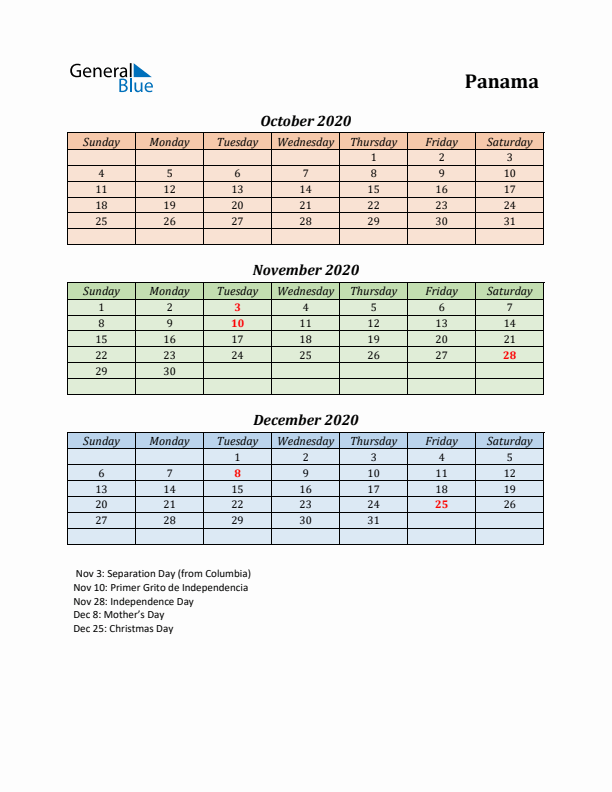 Q4 2020 Holiday Calendar - Panama