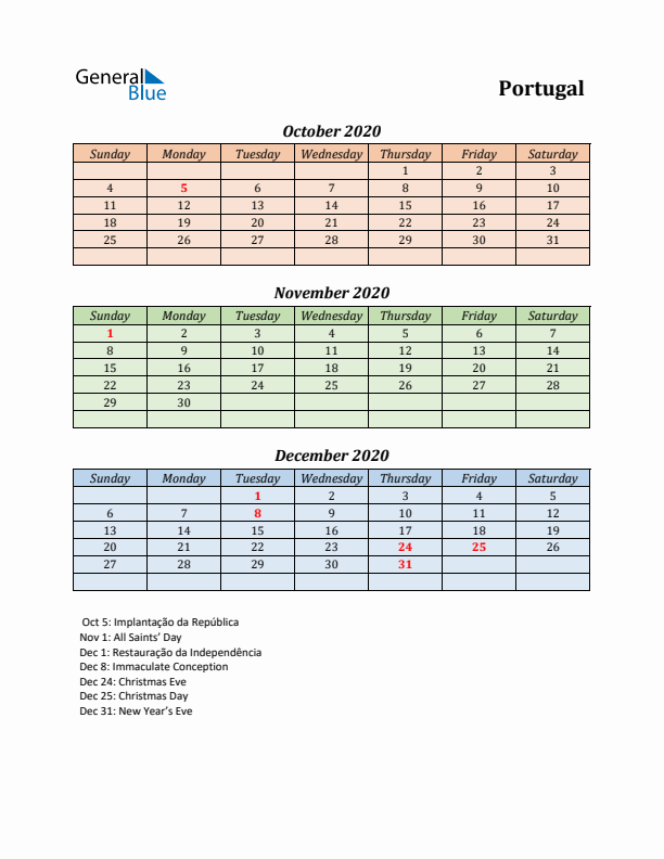 Q4 2020 Holiday Calendar - Portugal