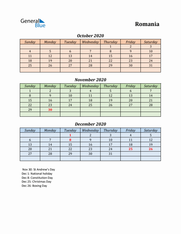 Q4 2020 Holiday Calendar - Romania