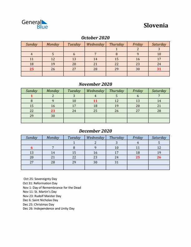 Q4 2020 Holiday Calendar - Slovenia