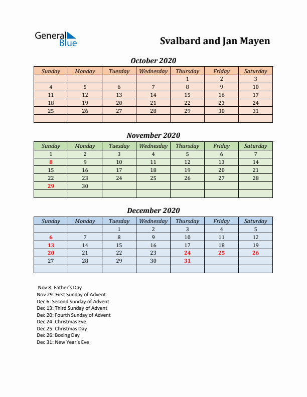 Q4 2020 Holiday Calendar - Svalbard and Jan Mayen