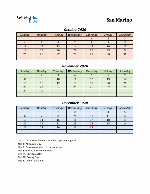 Q4 2020 Holiday Calendar - San Marino