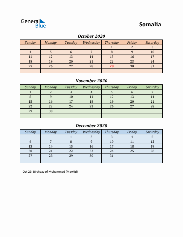 Q4 2020 Holiday Calendar - Somalia