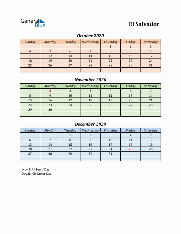 Q4 2020 Holiday Calendar - El Salvador