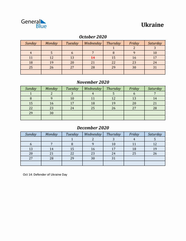 Q4 2020 Holiday Calendar - Ukraine