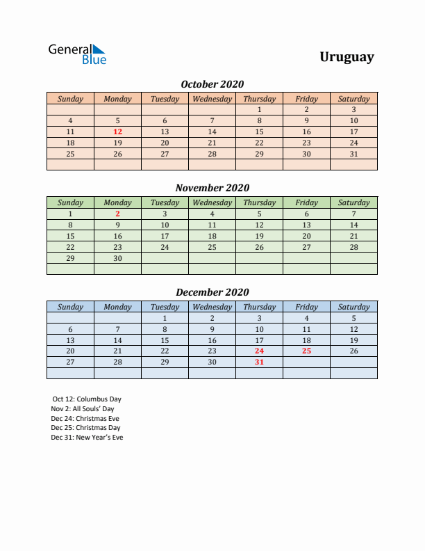 Q4 2020 Holiday Calendar - Uruguay